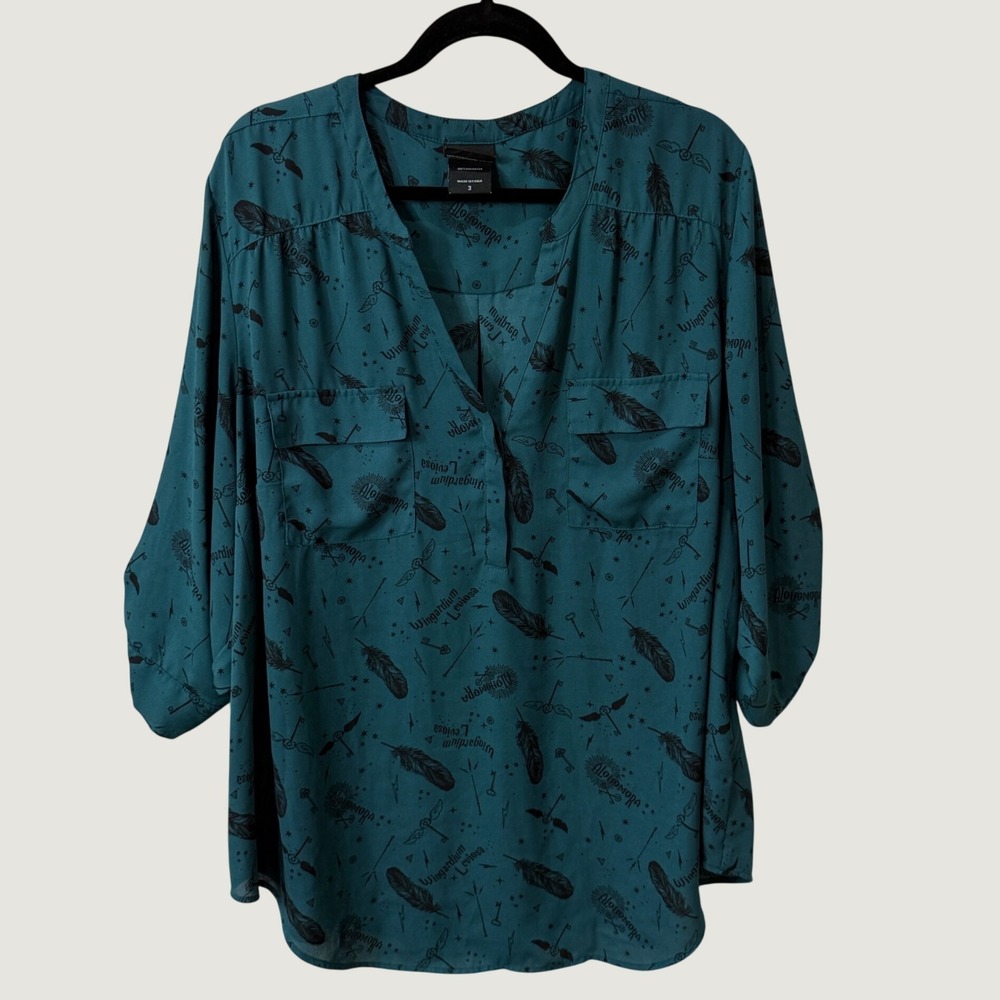 Harry Potter Womens Teal Wizarding World Spell Print Roll Tab Blouse Plus Size 3